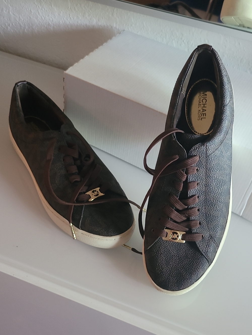 Michael Kors Dark Brown Leather Low-Top Sneakers with Gold Accents 8.5
